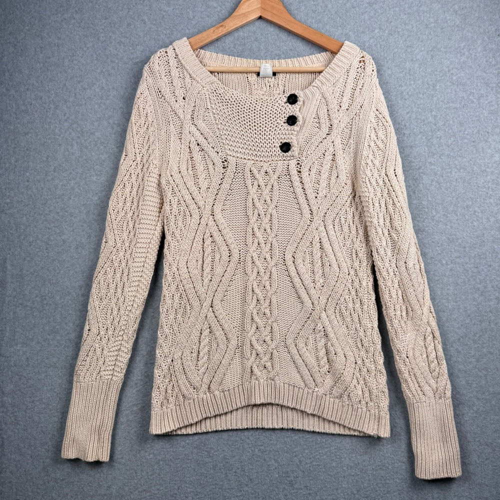 J Crew Sweater Womens Medium Cream Cable Knit Chunky Fisherman Button Cotton